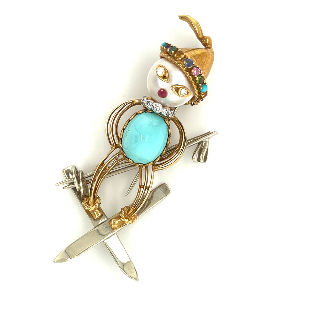 18k Yellow Gold Multi-Gem Figural Skiier Brooch Vintage!