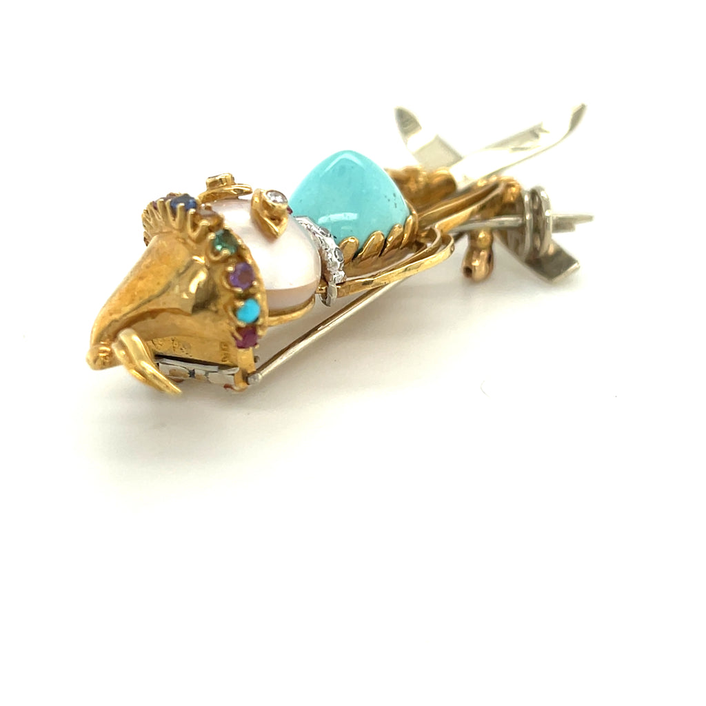 18k Yellow Gold Multi-Gem Figural Skiier Brooch Vintage!