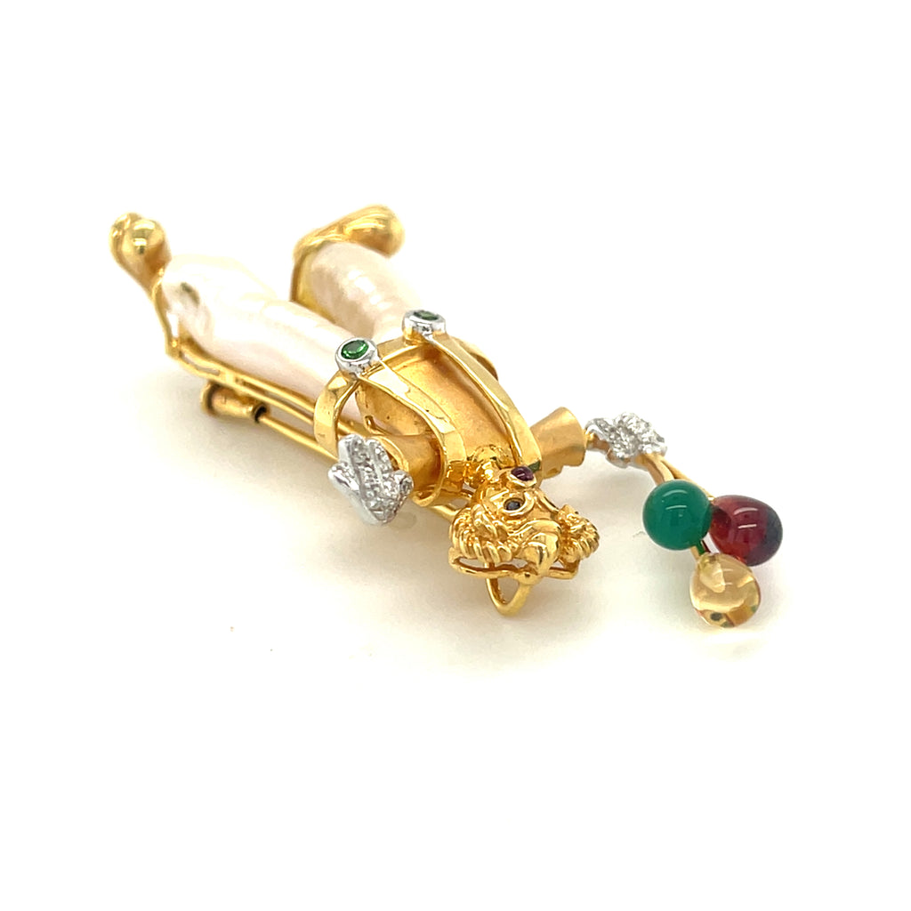 18k Yellow Gold Multi-Gem Cultured Pearl Clown Brooch Adorable!