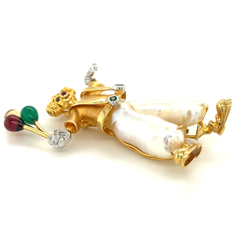 18k Yellow Gold Multi-Gem Cultured Pearl Clown Brooch Adorable!