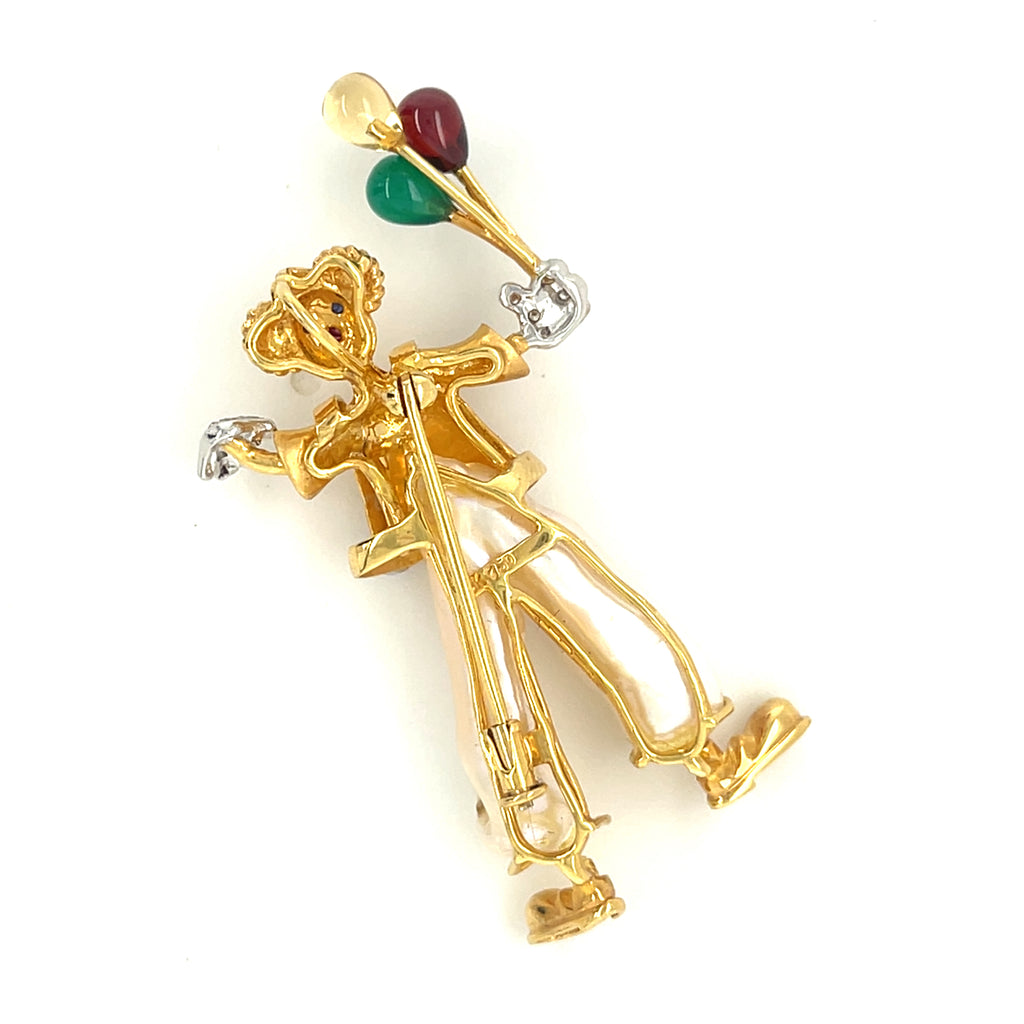 18k Yellow Gold Multi-Gem Cultured Pearl Clown Brooch Adorable!