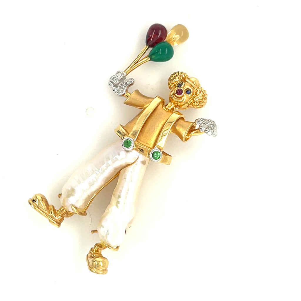18k Yellow Gold Multi-Gem Cultured Pearl Clown Brooch Adorable!