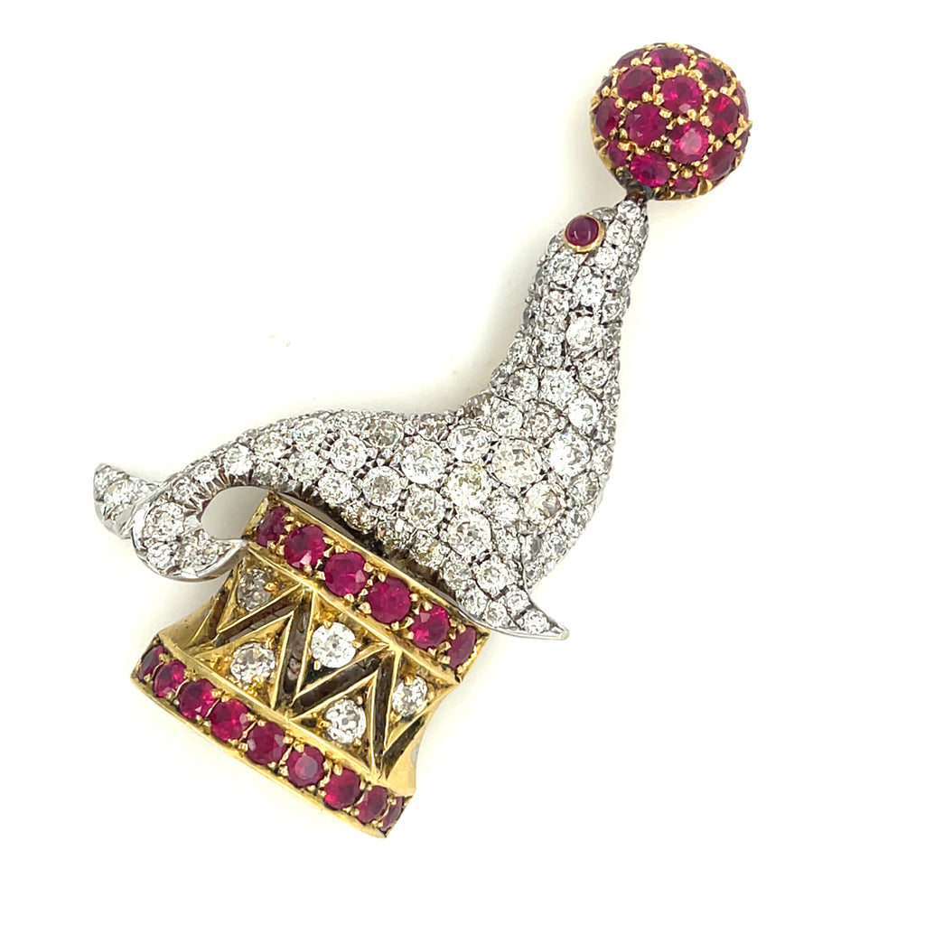 Tiffany & Co. Vintage 18k Gold/Platinum Diamond Ruby Seal Brooch Historical!