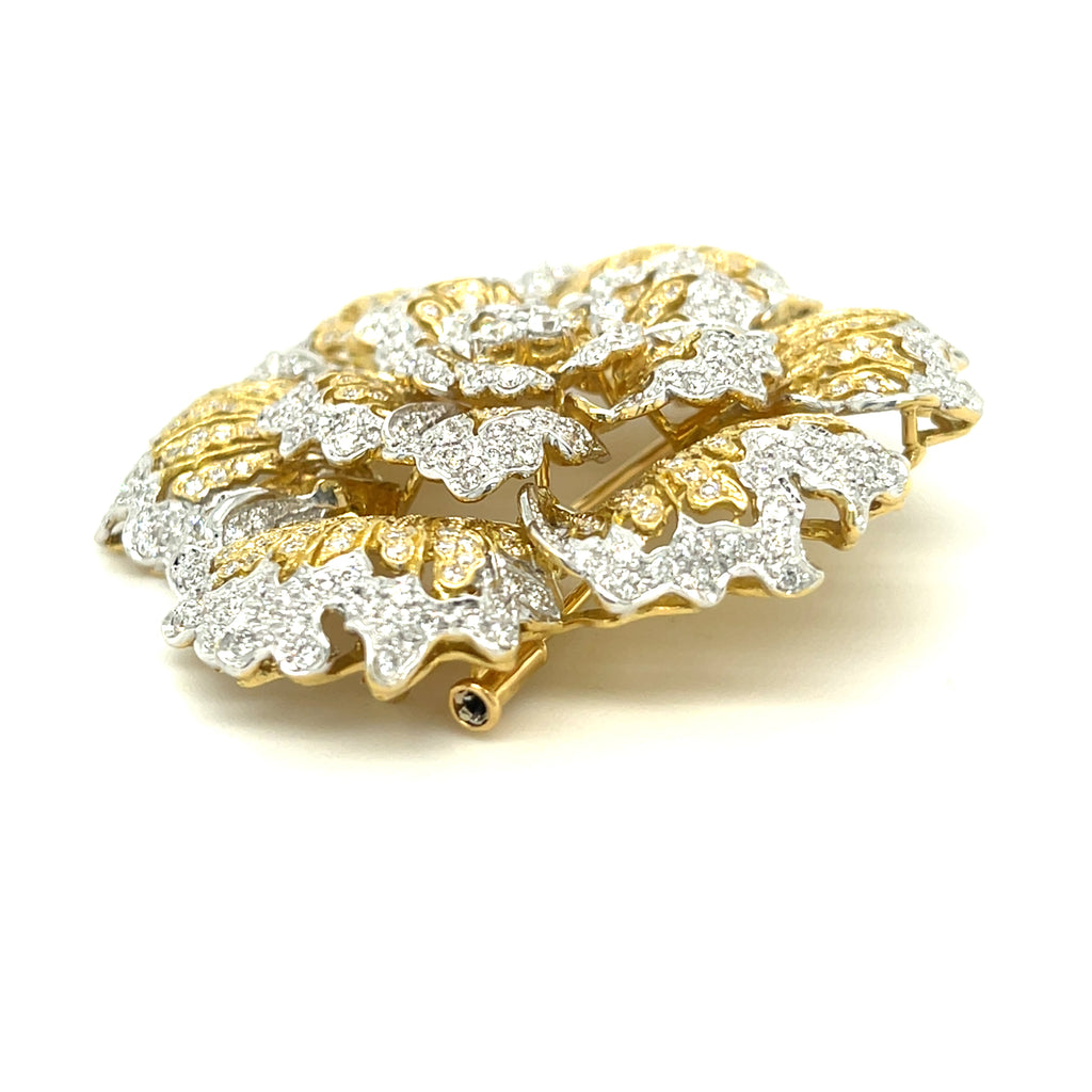 18k Two-Tone Gold Large Flower Brooch w/ 4.15 ct Diamonds Gorgeous!
