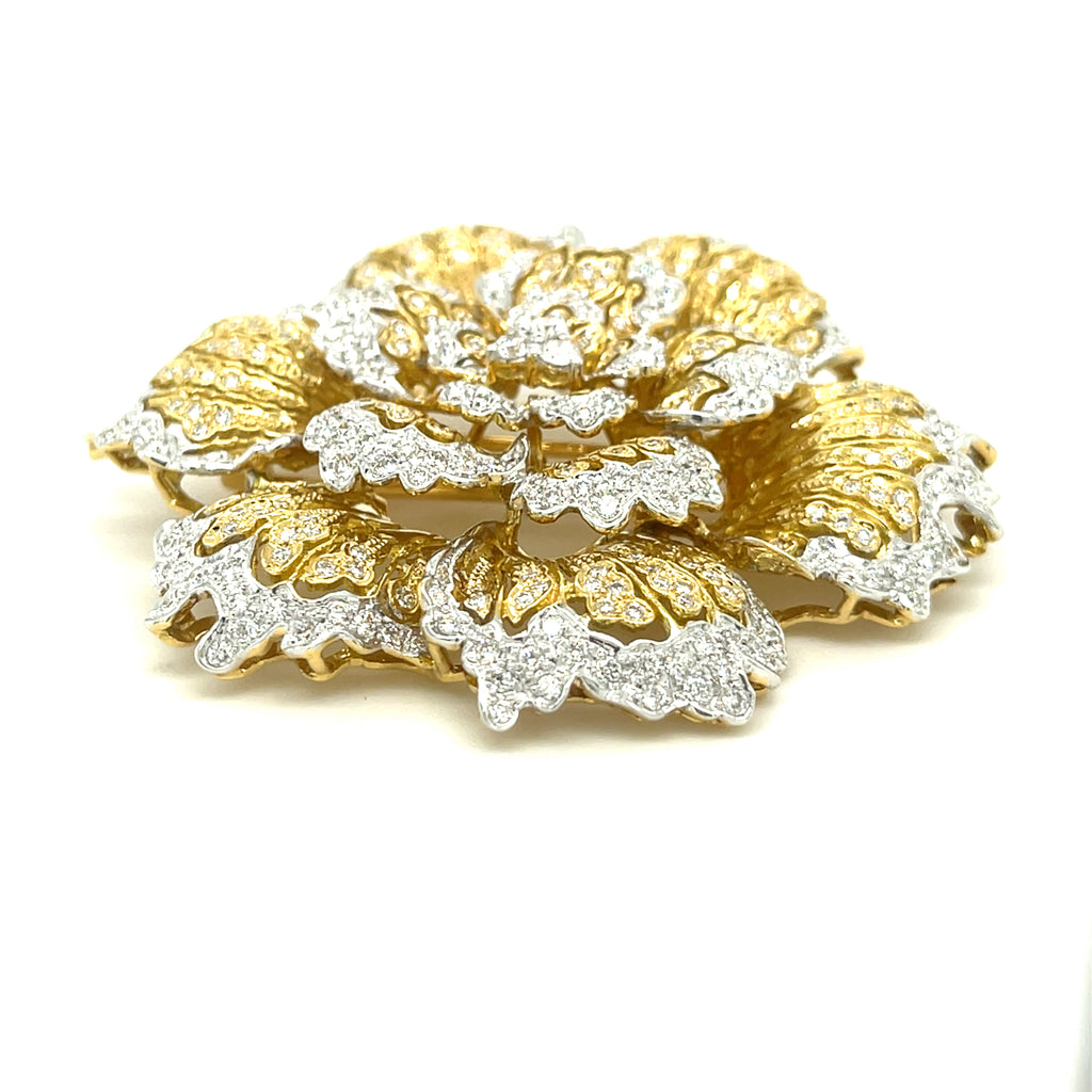 18k Two-Tone Gold Large Flower Brooch w/ 4.15 ct Diamonds Gorgeous!