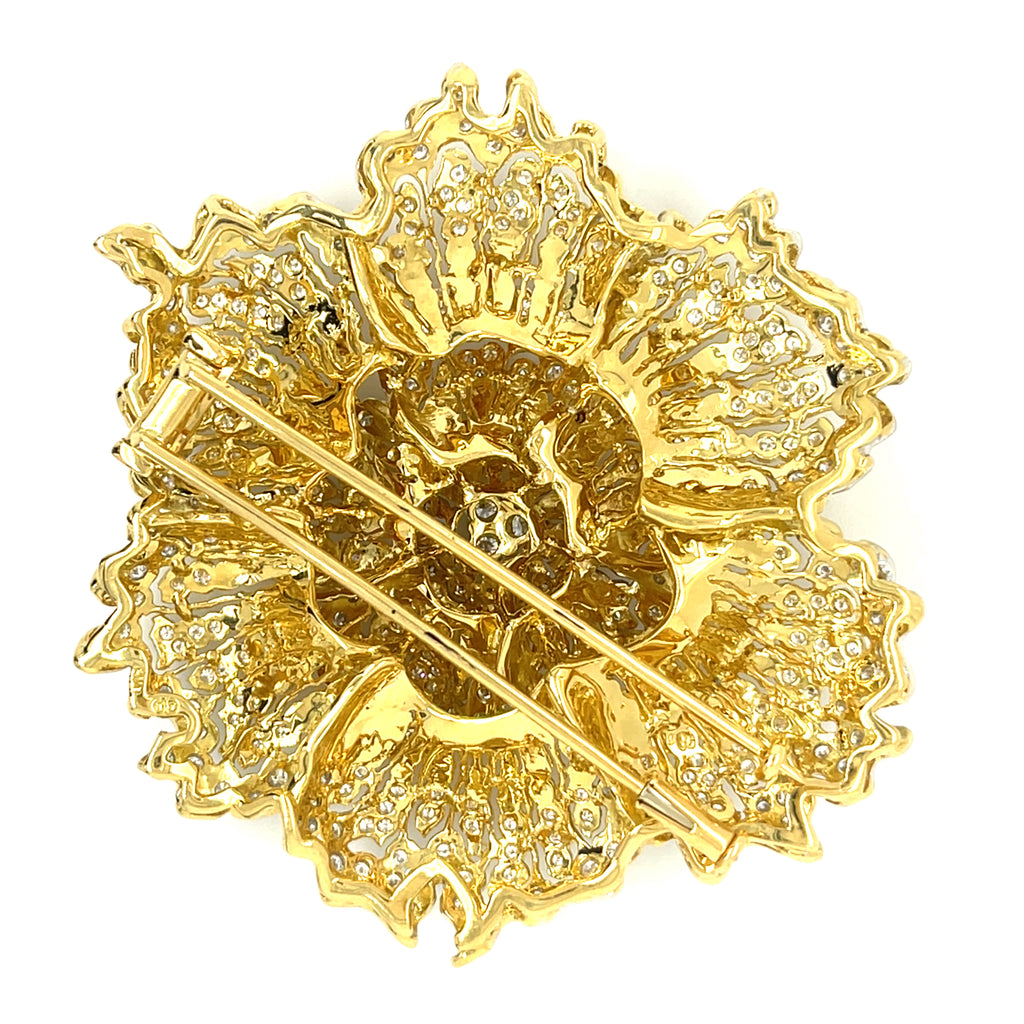 18k Two-Tone Gold Large Flower Brooch w/ 4.15 ct Diamonds Gorgeous!