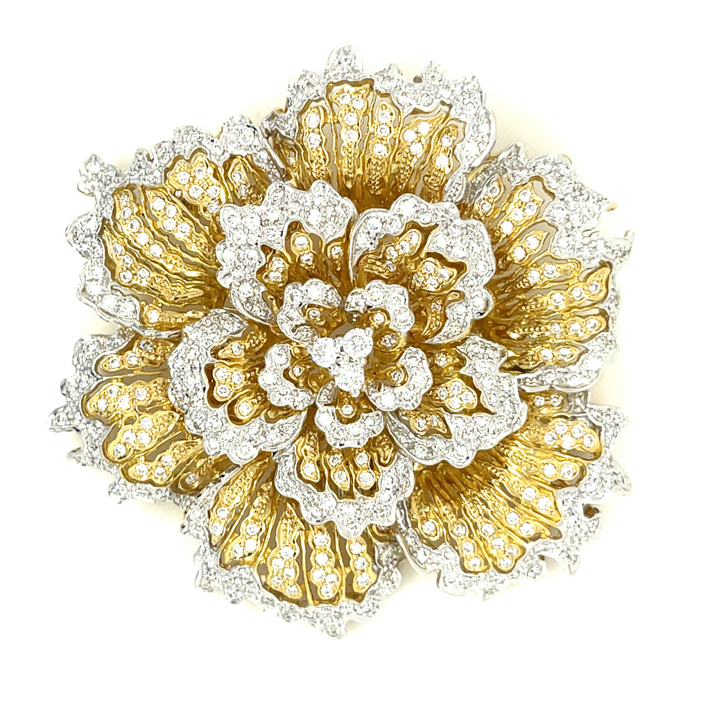 18k Two-Tone Gold Large Flower Brooch w/ 4.15 ct Diamonds Gorgeous!