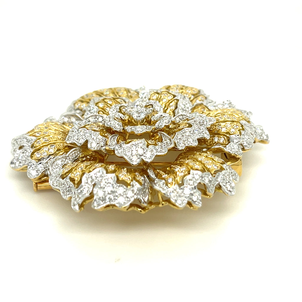 18k Two-Tone Gold Large Flower Brooch w/ 4.15 ct Diamonds Gorgeous!
