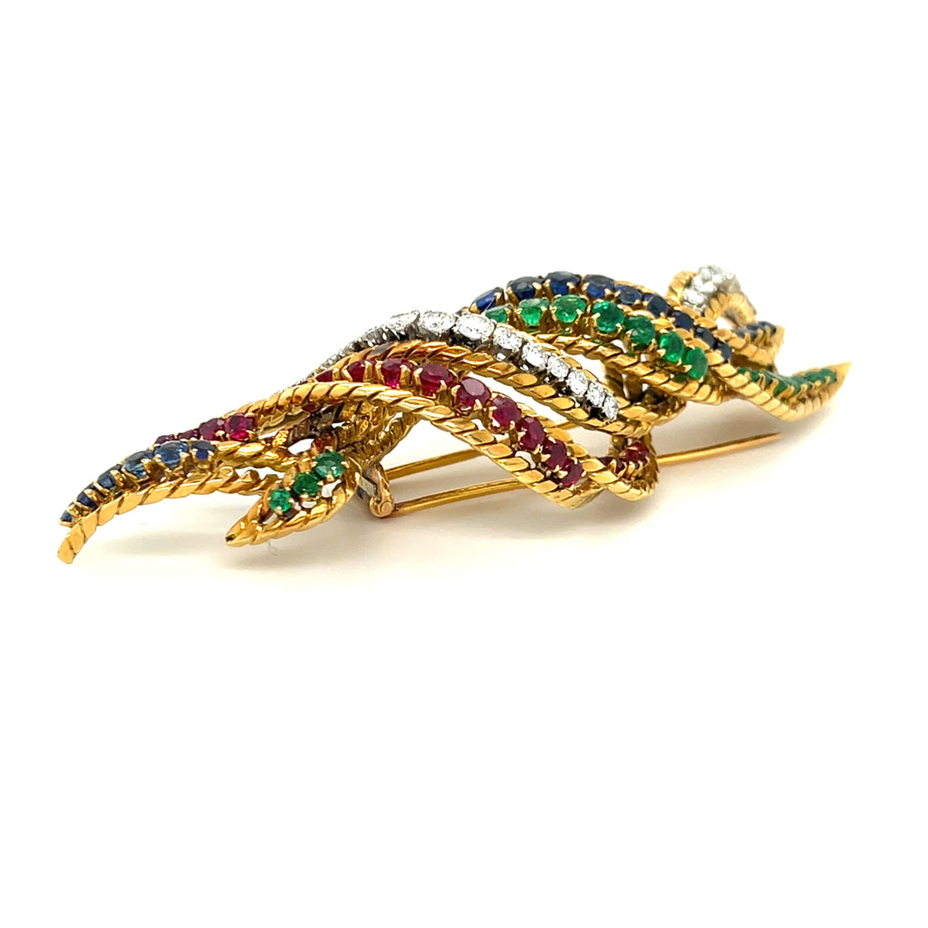 Mauboussin 18k Yellow Gold Abstract Gemstone Twist Brooch Gorgeous!