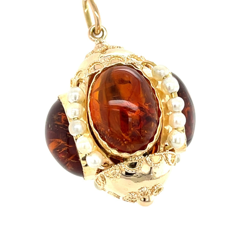 14K Solid Gold & Large Citrine Cabochon Orb / Fob Charm Pendant with Seed Pearls