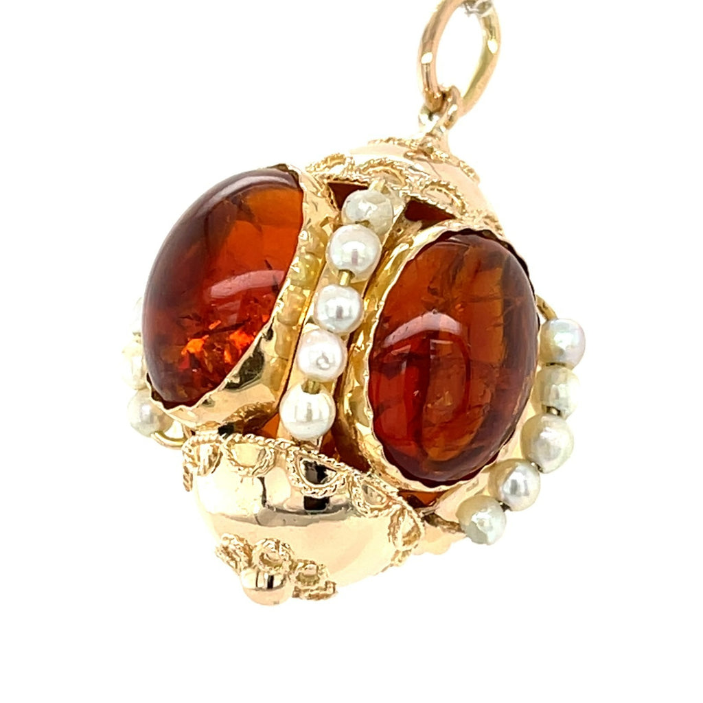 14K Solid Gold & Large Citrine Cabochon Orb / Fob Charm Pendant with Seed Pearls