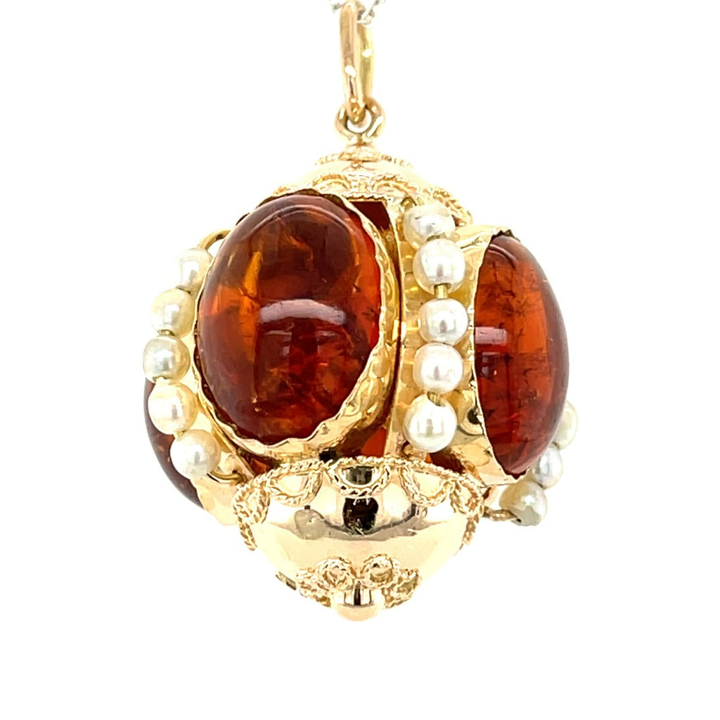 14K Solid Gold & Large Citrine Cabochon Orb / Fob Charm Pendant with Seed Pearls