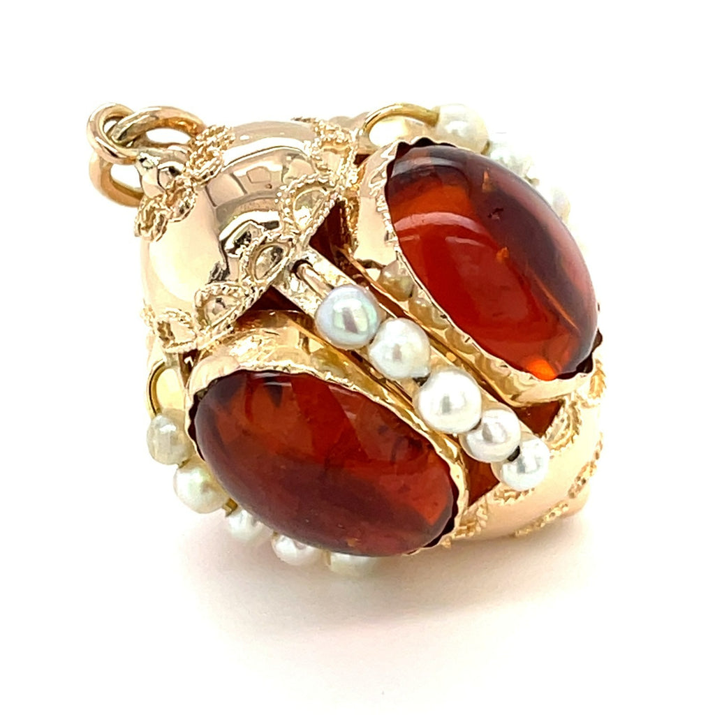 14K Solid Gold & Large Citrine Cabochon Orb / Fob Charm Pendant with Seed Pearls