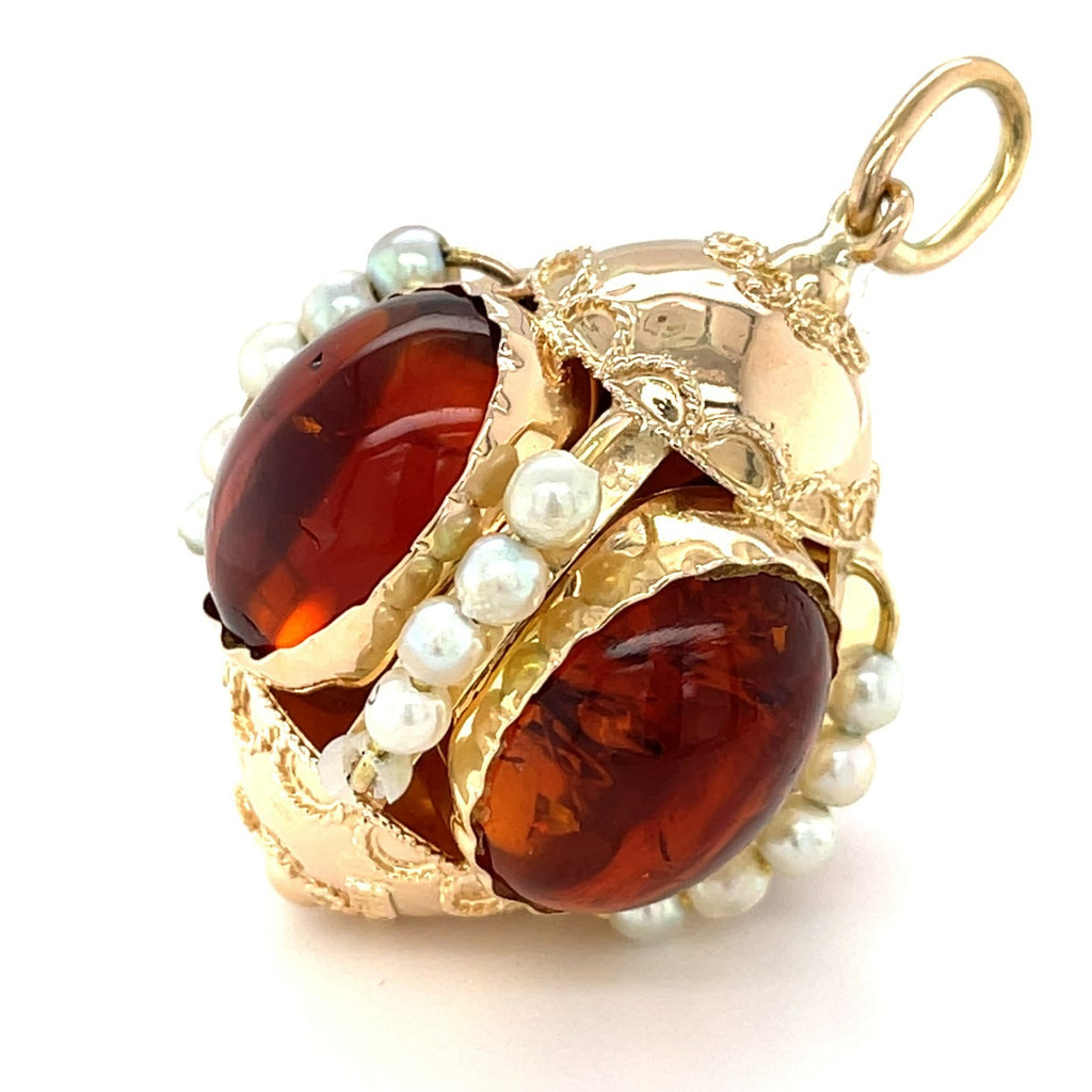 14K Solid Gold & Large Citrine Cabochon Orb / Fob Charm Pendant with Seed Pearls