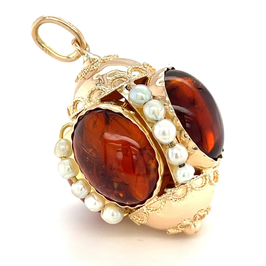 14K Solid Gold & Large Citrine Cabochon Orb / Fob Charm Pendant with Seed Pearls