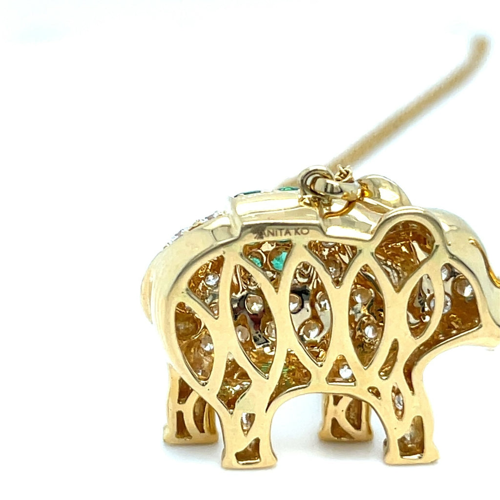 Anita Ko 18k Gold Diamond and Emerald Elephant Pendant-Necklace on 14k Chain 25"