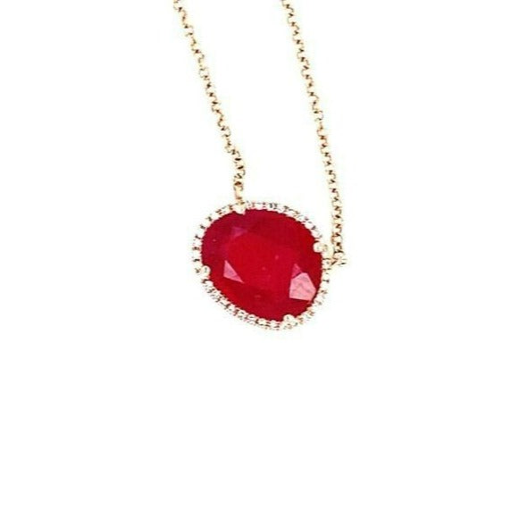 14k Rose Gold Beautiful Unique Asymmetrical Cut Ruby Pendant w/ Diamond 18"
