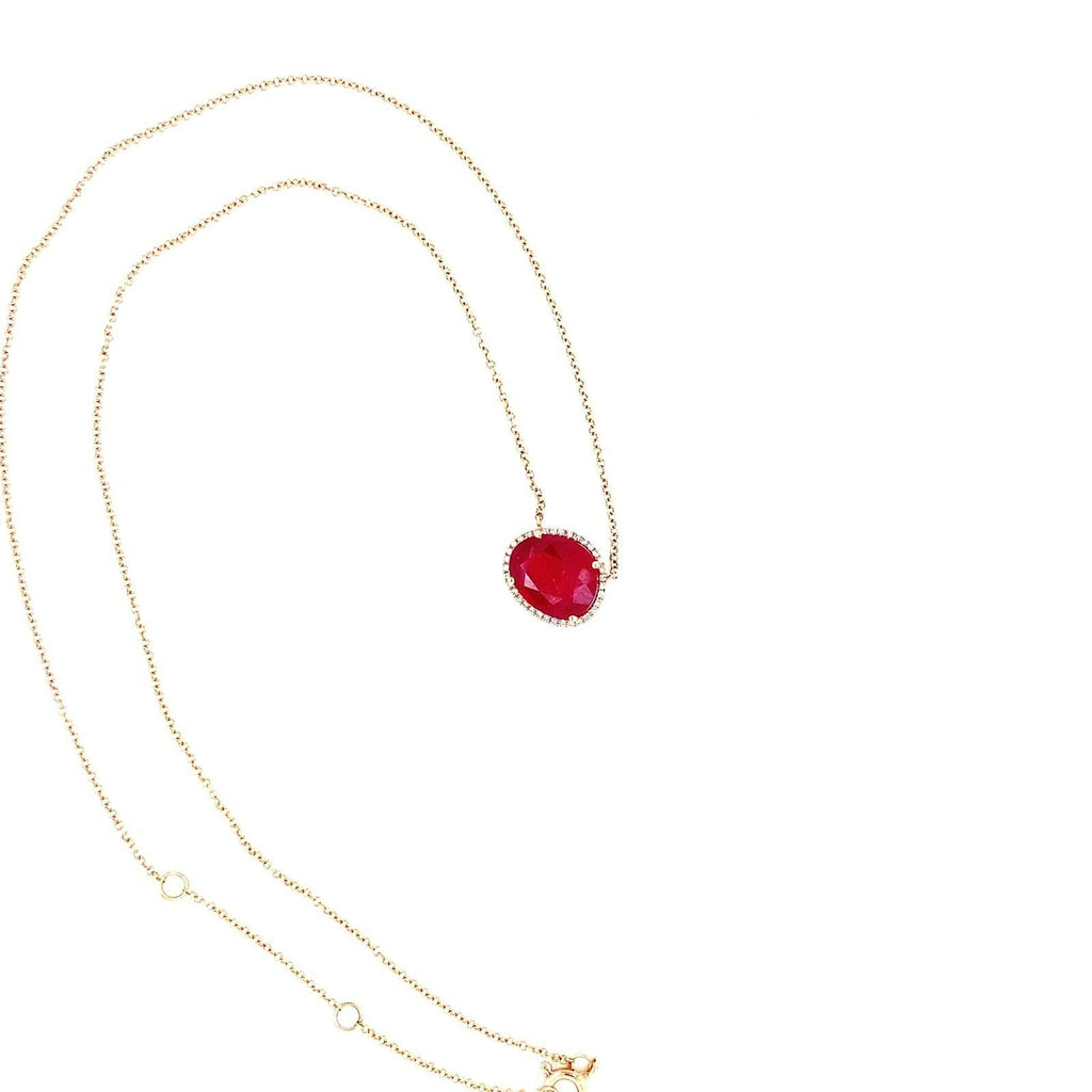 14k Rose Gold Beautiful Unique Asymmetrical Cut Ruby Pendant w/ Diamond 18"