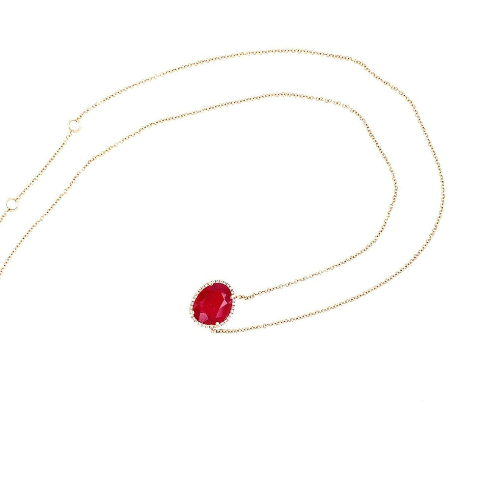 14k Rose Gold Beautiful Unique Asymmetrical Cut Ruby Pendant w/ Diamond 18"