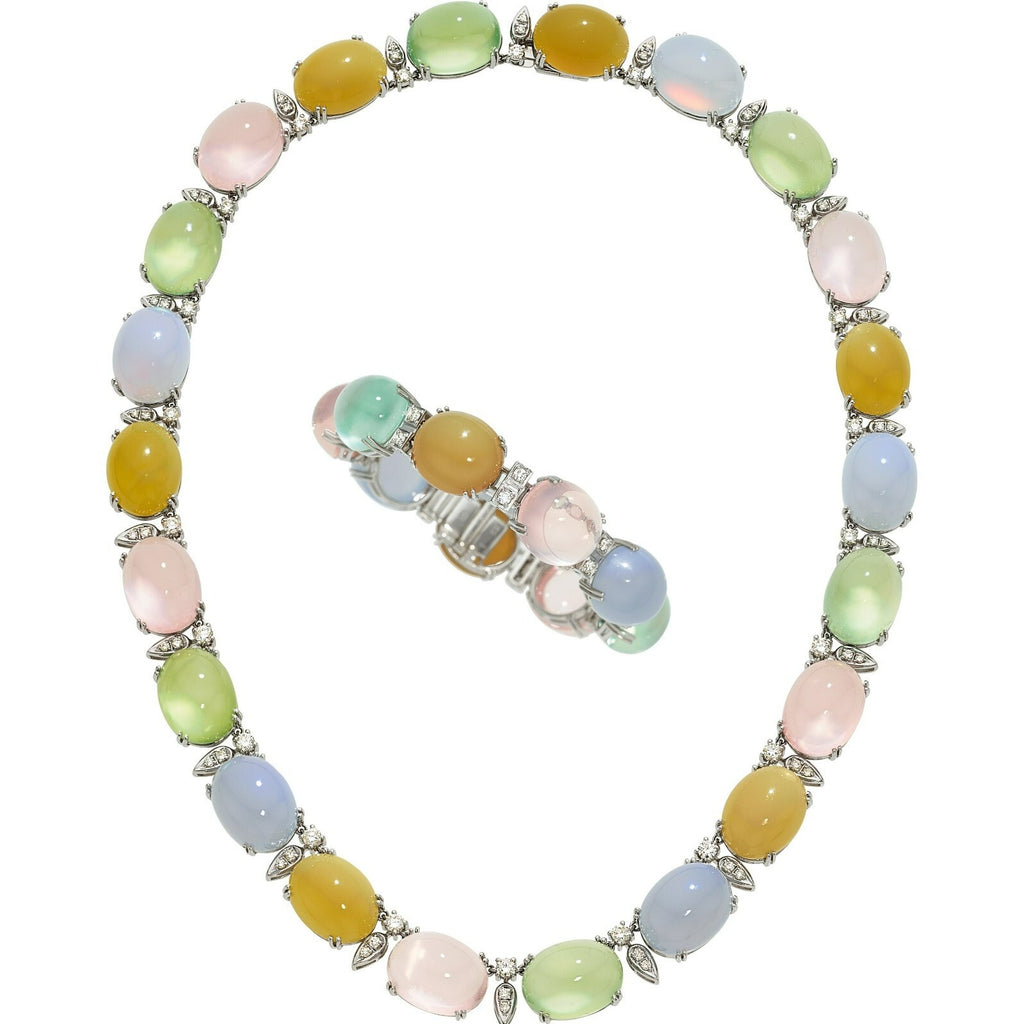 18k White Gold Semi-Precious Gemstone Cabochon Necklace and Bracelet