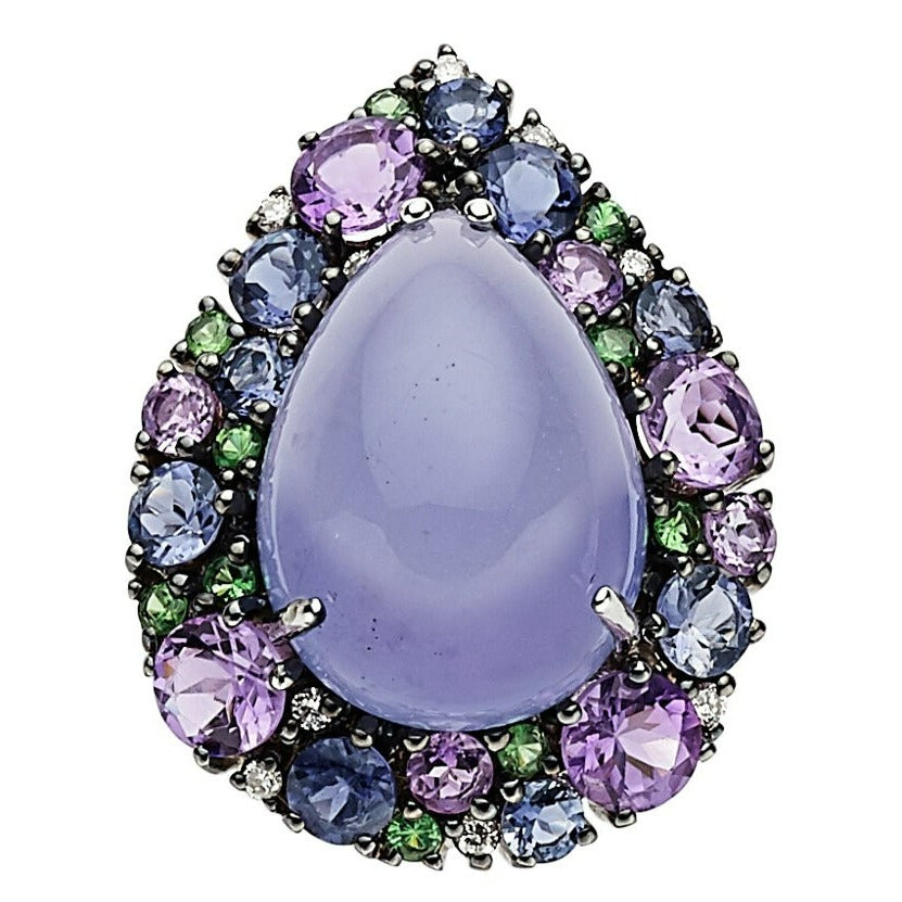 18k White Gold Pear Cabochon Chalcedony Ring with Cobblestone Gem Bezel Sz 6.75