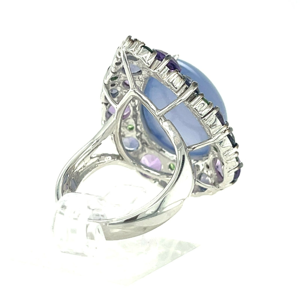 18k White Gold Pear Cabochon Chalcedony Ring with Cobblestone Gem Bezel Sz 6.75