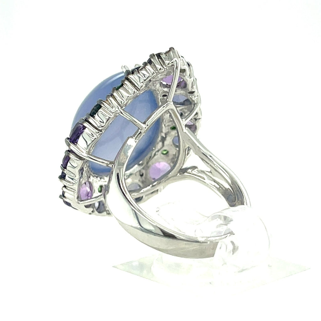 18k White Gold Pear Cabochon Chalcedony Ring with Cobblestone Gem Bezel Sz 6.75
