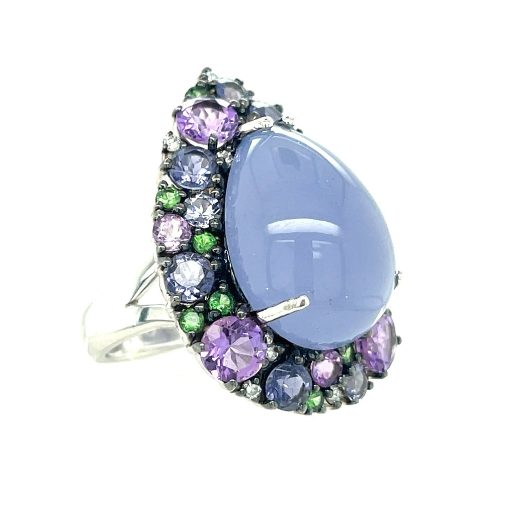 18k White Gold Pear Cabochon Chalcedony Ring with Cobblestone Gem Bezel Sz 6.75