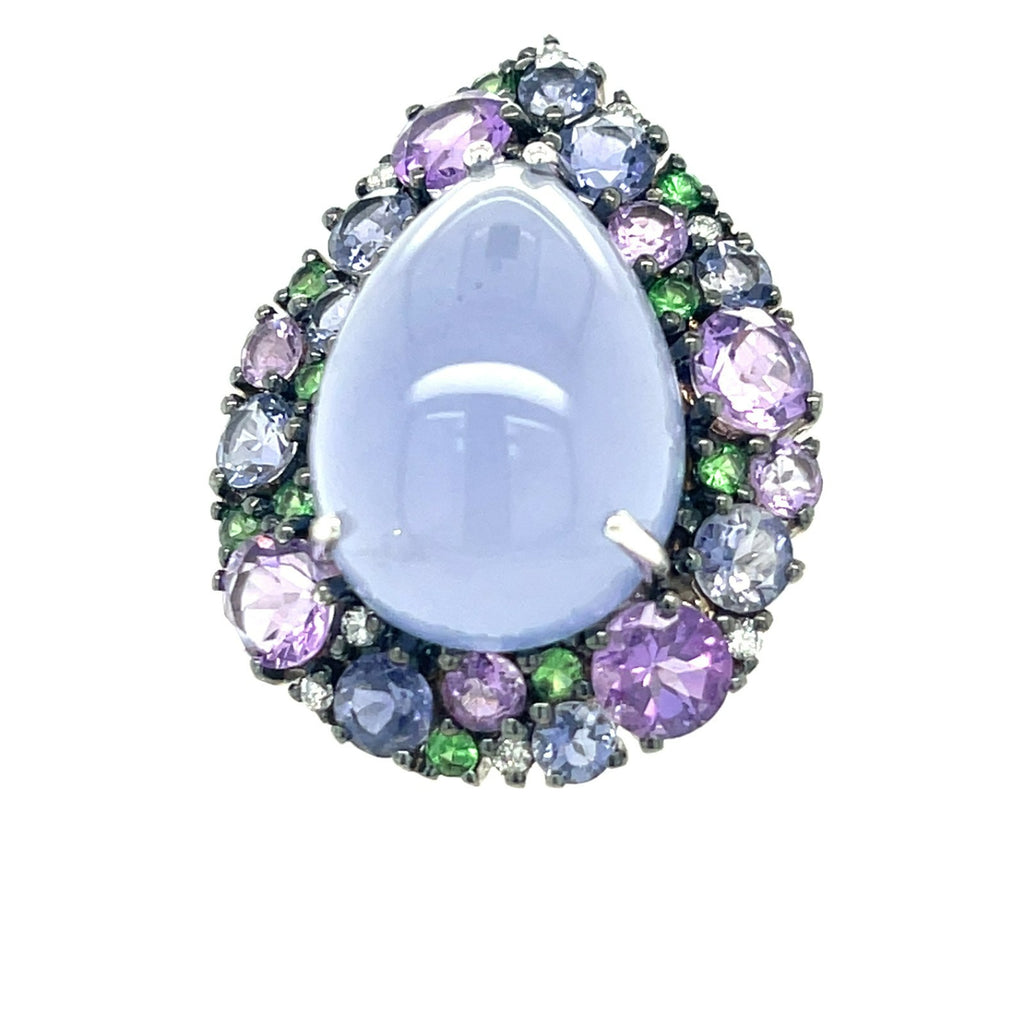 18k White Gold Pear Cabochon Chalcedony Ring with Cobblestone Gem Bezel Sz 6.75
