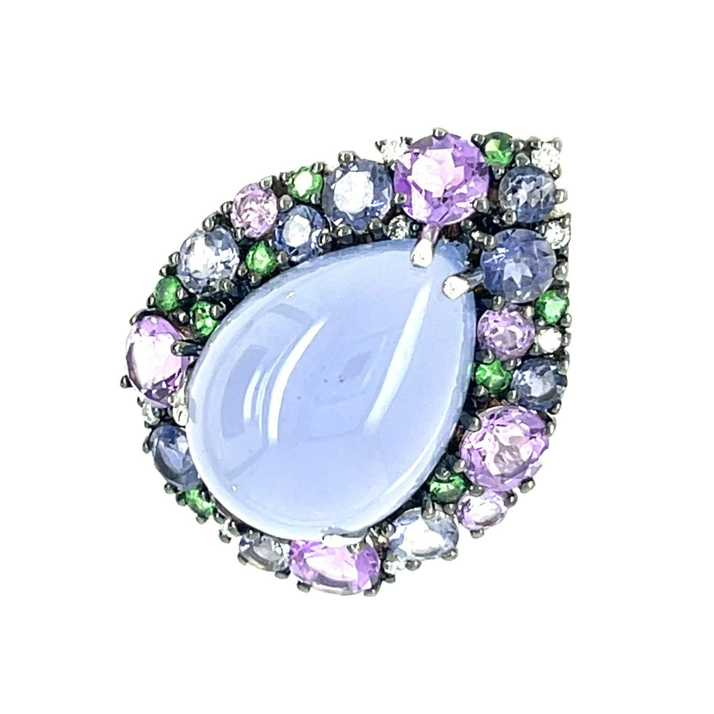 18k White Gold Pear Cabochon Chalcedony Ring with Cobblestone Gem Bezel Sz 6.75