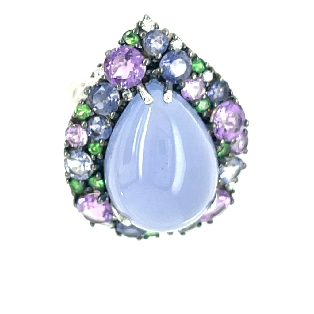 18k White Gold Pear Cabochon Chalcedony Ring with Cobblestone Gem Bezel Sz 6.75