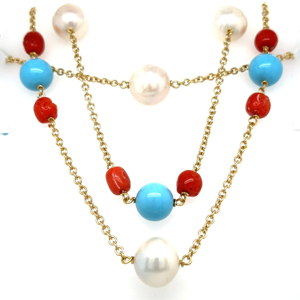 18k Yellow Gold & Cultured Pearl Chain Necklace w/ Turquoise and Coral Beads, Length 38"
