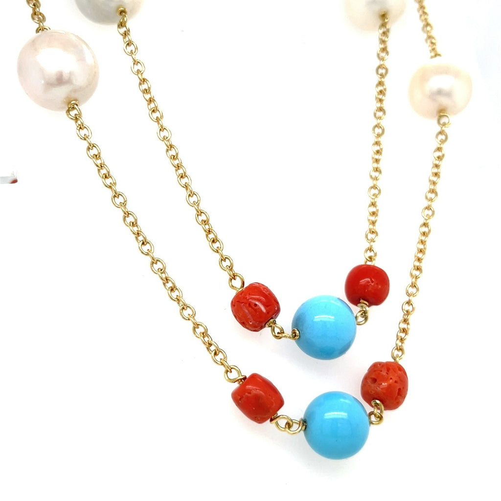 18k Yellow Gold & Cultured Pearl Chain Necklace w/ Turquoise and Coral Beads, Length 38"