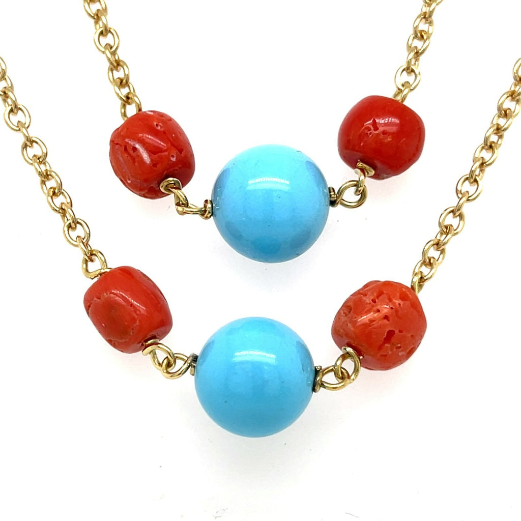 18k Yellow Gold & Cultured Pearl Chain Necklace w/ Turquoise and Coral Beads, Length 38"