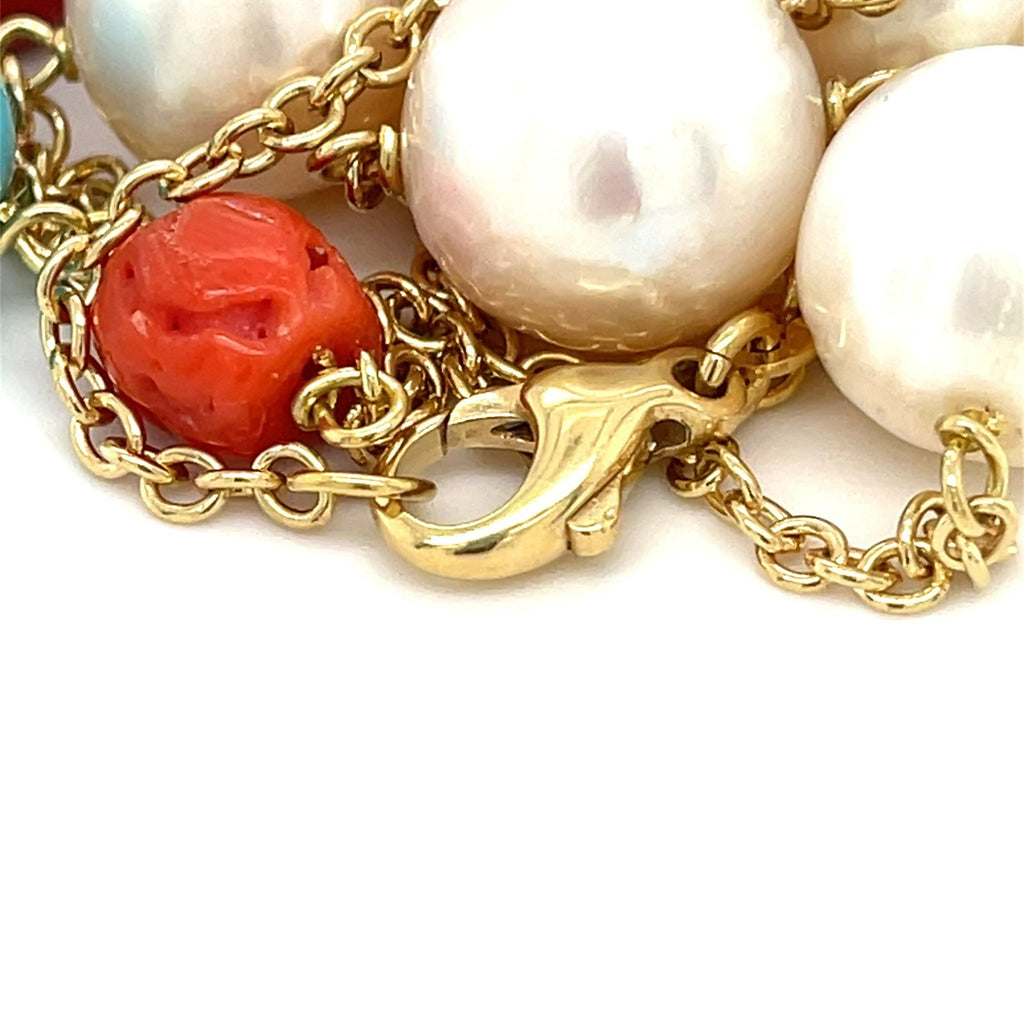 18k Yellow Gold & Cultured Pearl Chain Necklace w/ Turquoise and Coral Beads, Length 38"