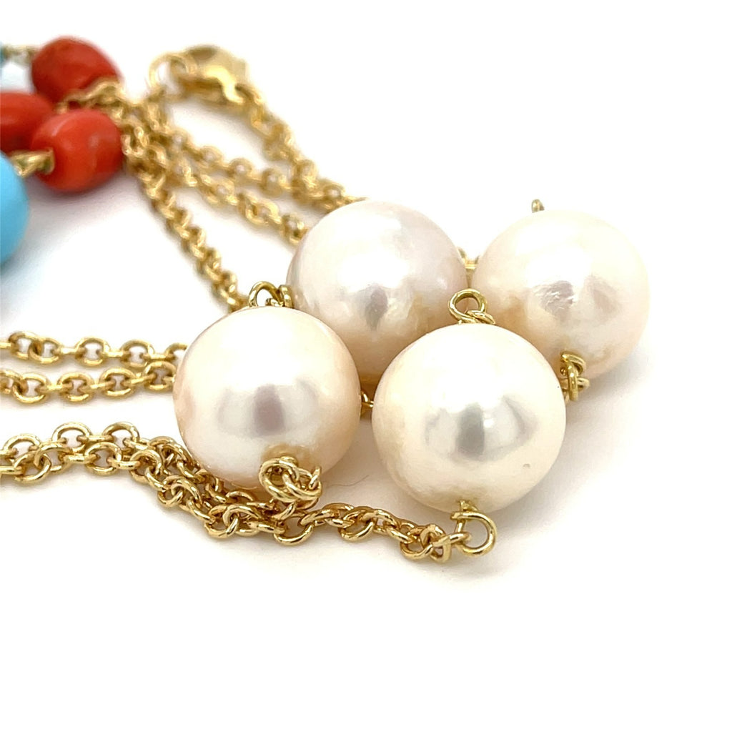 18k Yellow Gold & Cultured Pearl Chain Necklace w/ Turquoise and Coral Beads, Length 38"