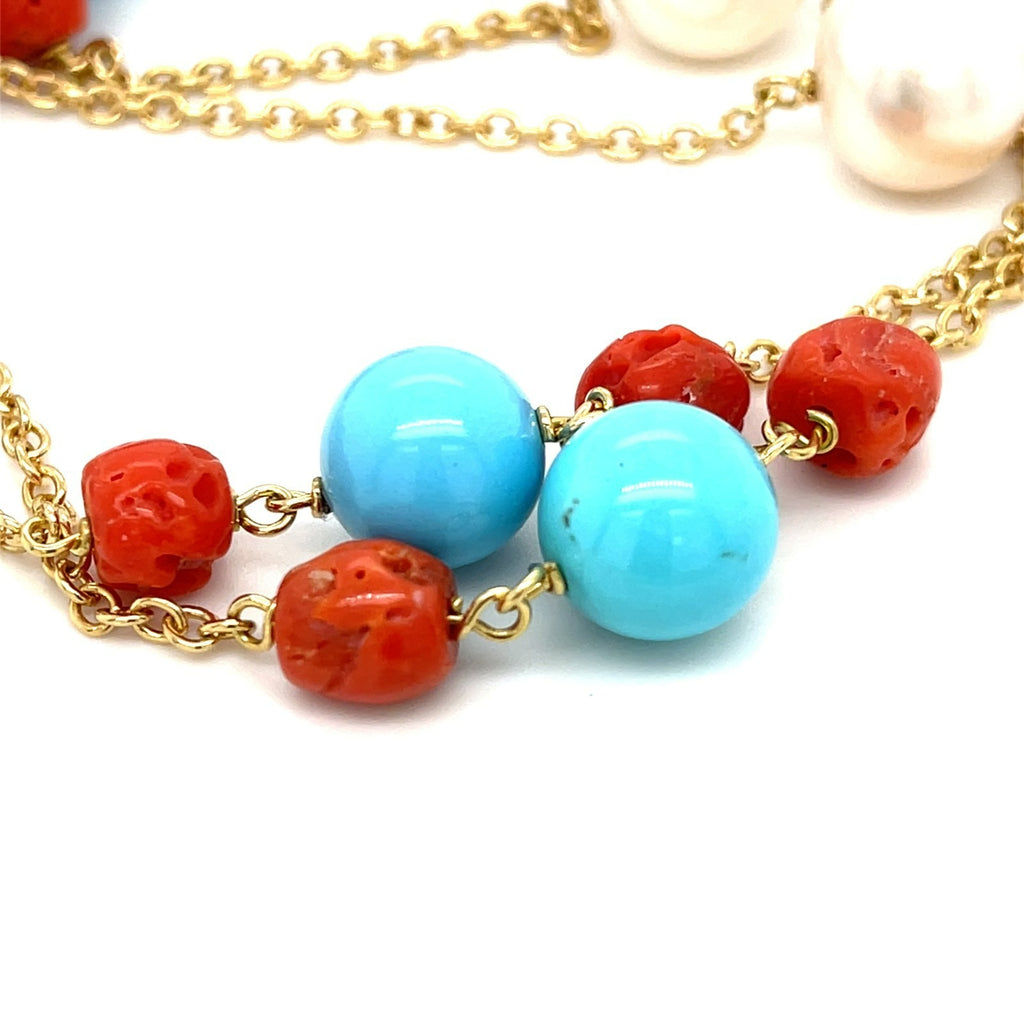 18k Yellow Gold & Cultured Pearl Chain Necklace w/ Turquoise and Coral Beads, Length 38"