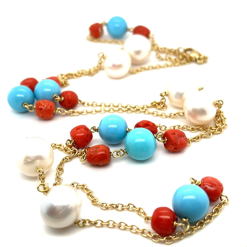 18k Yellow Gold & Cultured Pearl Chain Necklace w/ Turquoise and Coral Beads, Length 38"