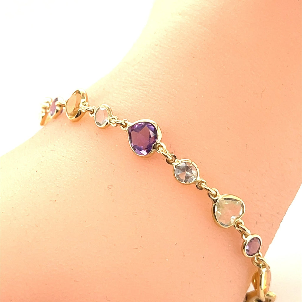 Zoccai 18k Gold & Bezel-Set Multi-Gemstone Link Bracelet, Hearts and Rounds, Size 7"