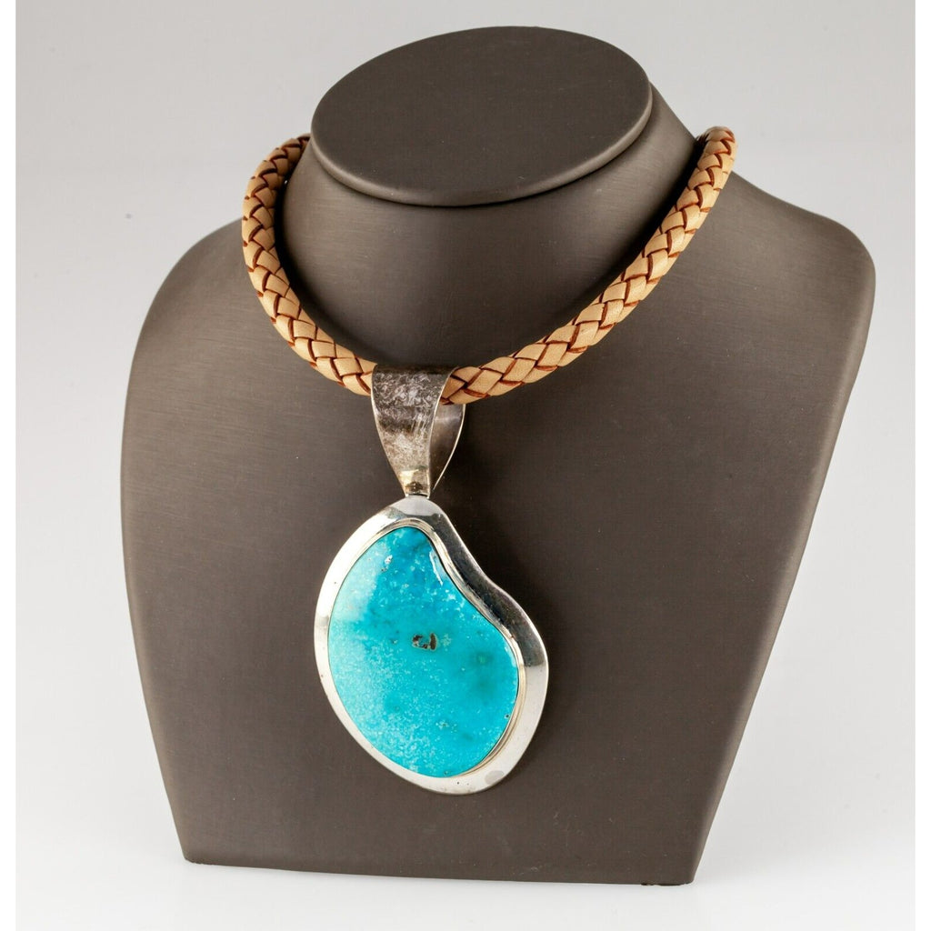 Jay King Sterling Silver Turquoise Pendant with Braided Leather Necklace