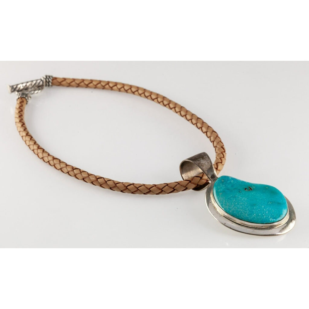 Jay King Sterling Silver Turquoise Pendant with Braided Leather Necklace