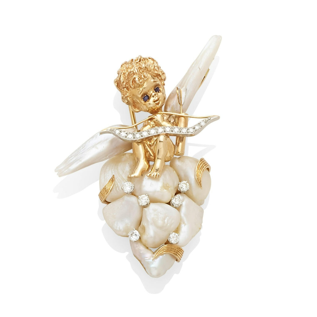 Ruser Mississippi River Pearl Diamond Sapphire and 14k Gold Cherub Angel Brooch
