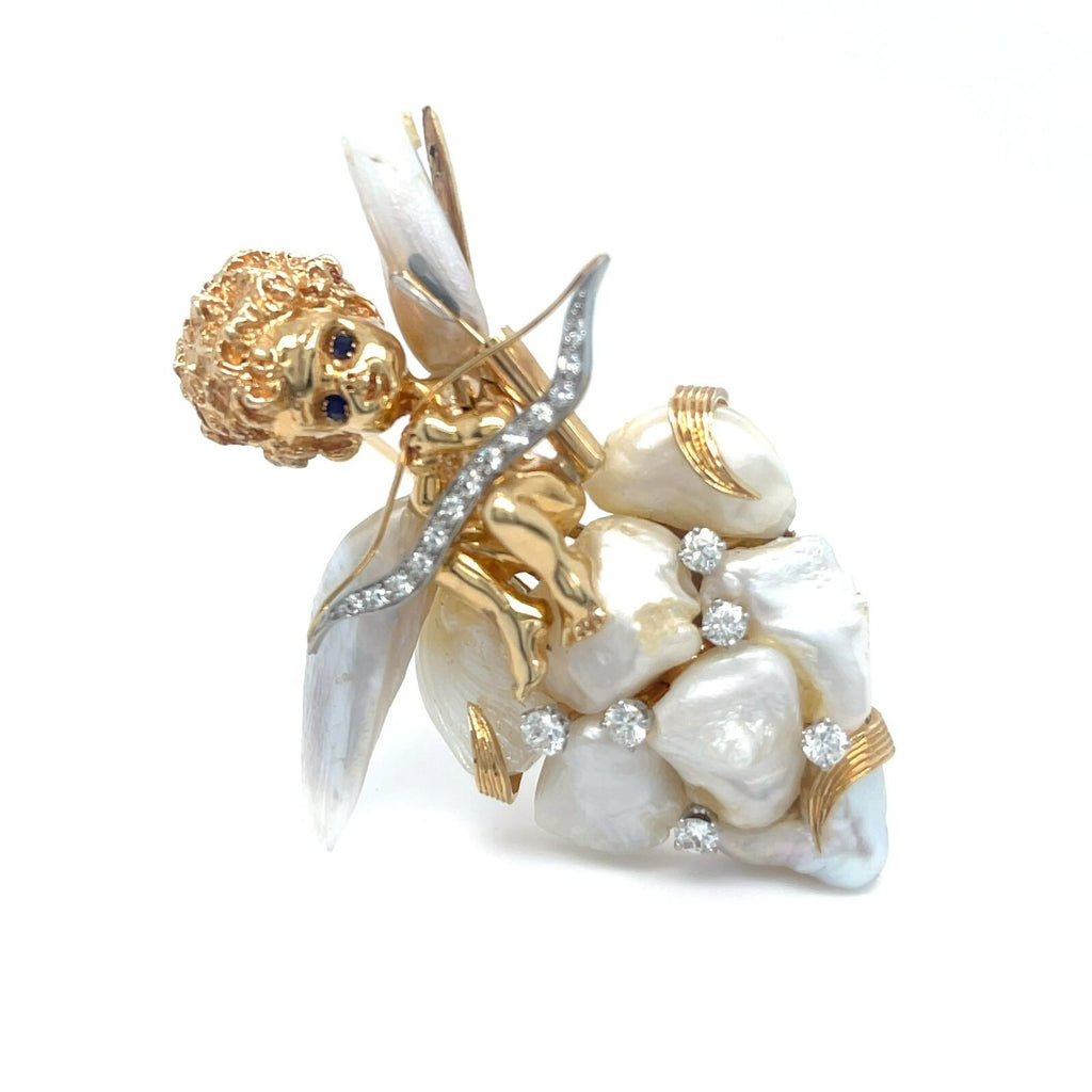 Ruser Mississippi River Pearl Diamond Sapphire and 14k Gold Cherub Angel Brooch