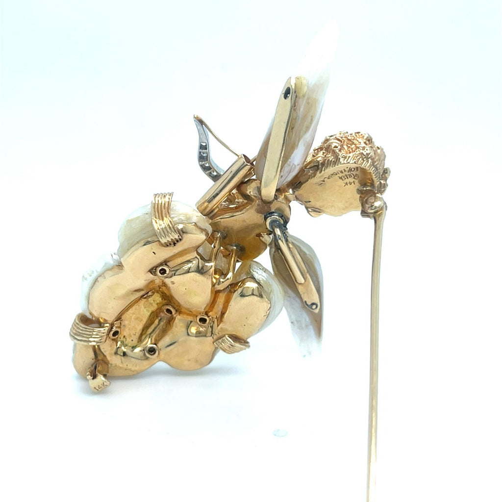 Ruser Mississippi River Pearl Diamond Sapphire and 14k Gold Cherub Angel Brooch