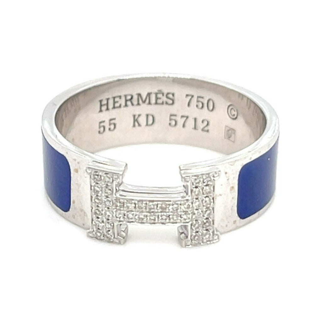 Hermes 18k White Gold Blue Enamel and Diamond H Clic Clac Ring Size 7 5.4g