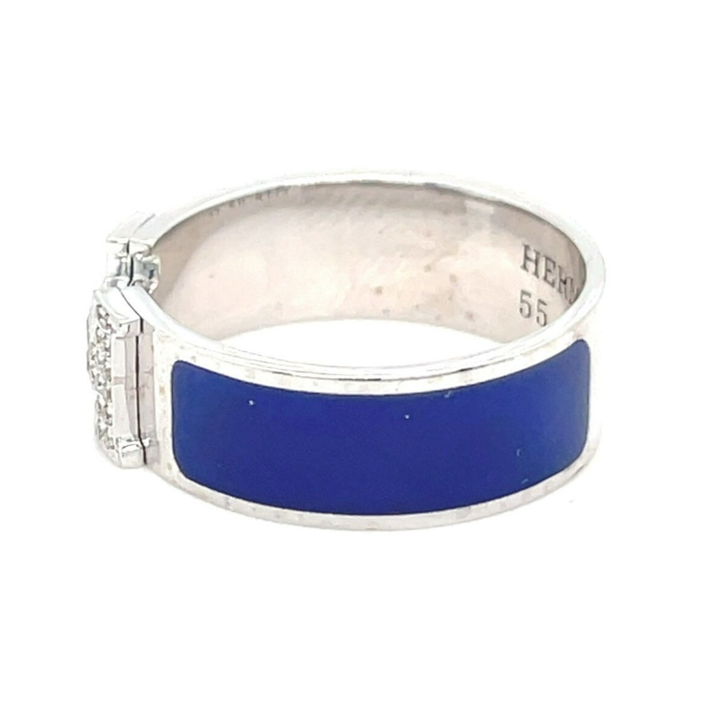 Hermes 18k White Gold Blue Enamel and Diamond H Clic Clac Ring Size 7 5.4g