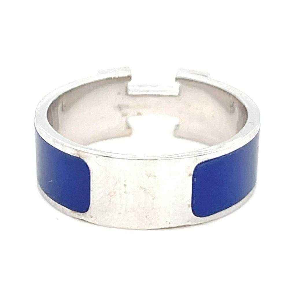 Hermes 18k White Gold Blue Enamel and Diamond H Clic Clac Ring Size 7 5.4g