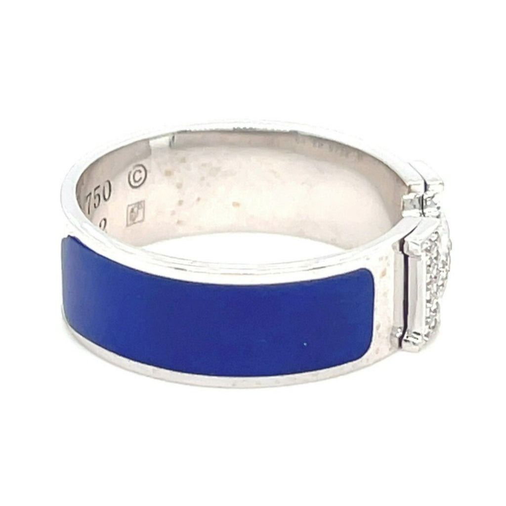 Hermes 18k White Gold Blue Enamel and Diamond H Clic Clac Ring Size 7 5.4g