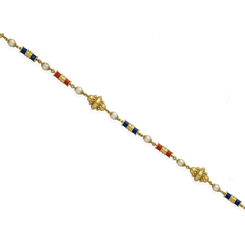 18k Yellow Gold Coral, Lapis Lazuli, and Cultured Pearl Necklace 31" 117g