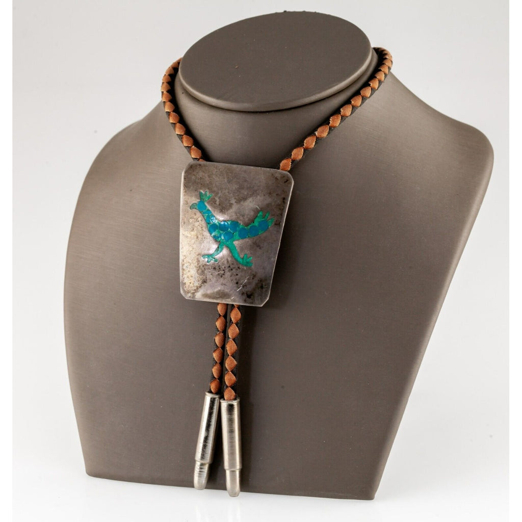 Sterling Silver Bolo Tie with Turquoise Inlay Chicken Emblem and Braided Leather